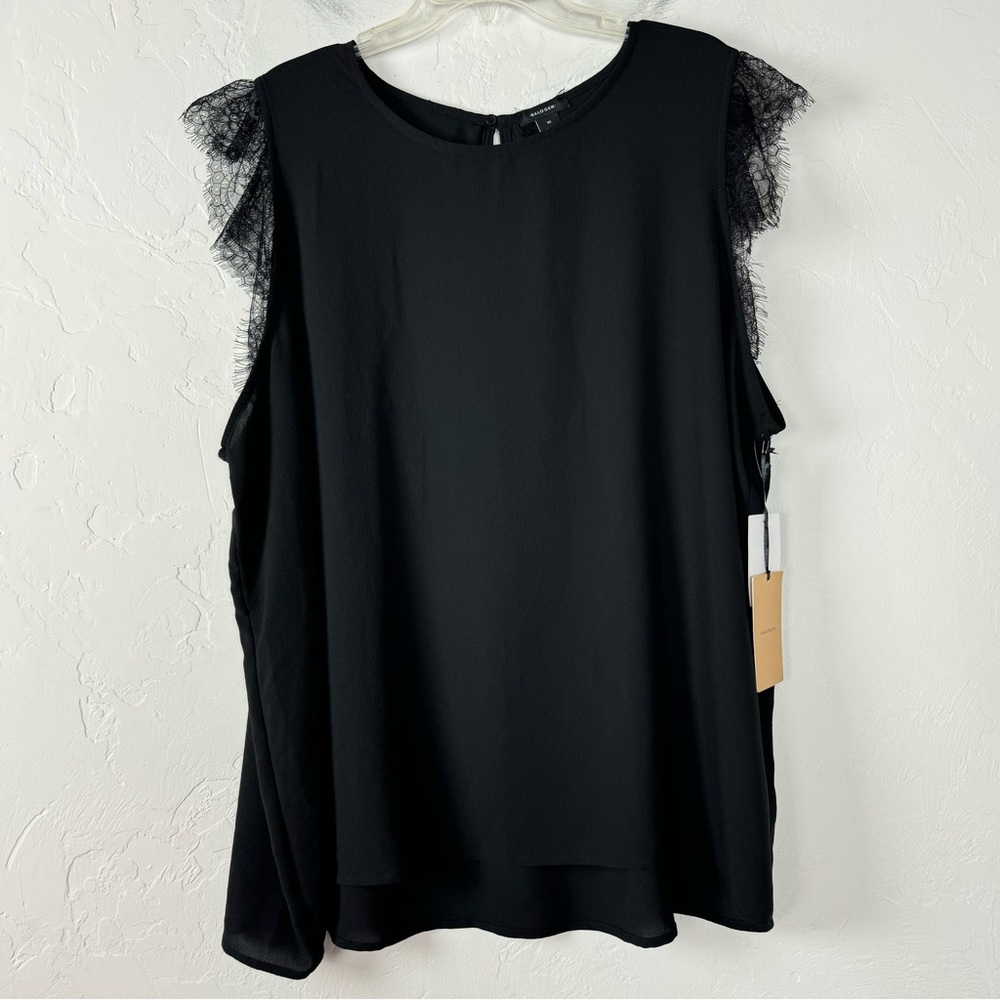 Nordstrom Halogen Tank Top Shell Blouse Solid Black Lace Cap Sleeve Keyhole Back